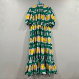Oliphant Ikat Multicolor Green Yellow Puff Sleeve Maxi Dress Large L